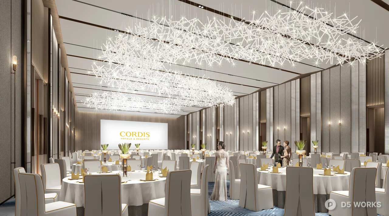 Elegant Banquet Hall With Modern Chandeliers 3d model - Image 1