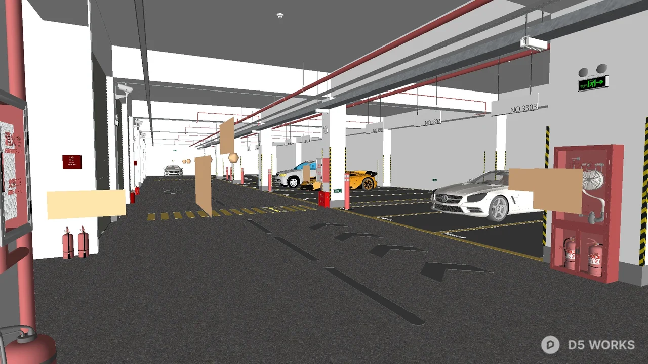 Indoor Parking Garage With Structural Columns And Safety Equipment 3d model thumbnail 2