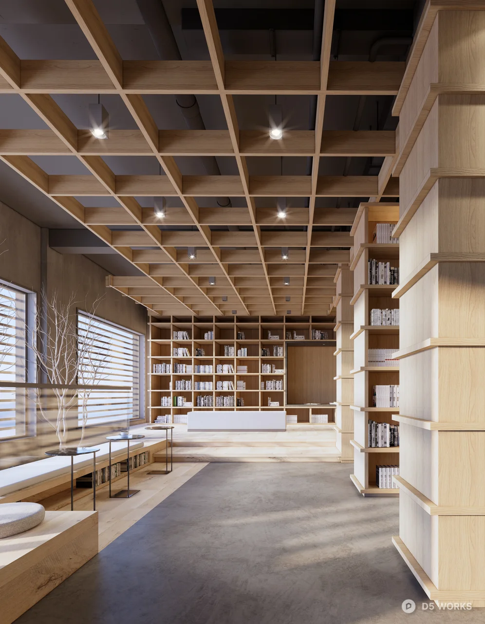 Modern Bookstore Interior with Wooden Shelves 3d model thumbnail 2