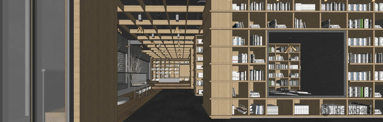 Modern Bookstore Interior with Wooden Shelves 3d model thumbnail 4