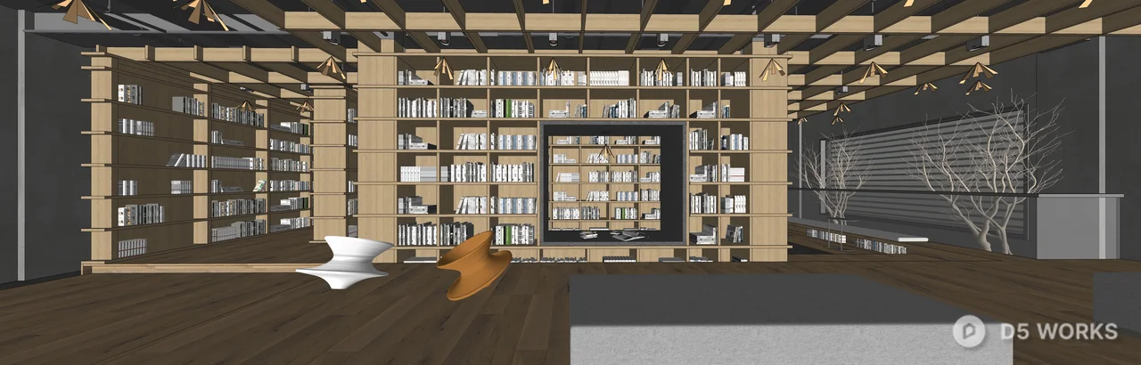 Modern Bookstore Interior with Wooden Shelves 3d model thumbnail 5