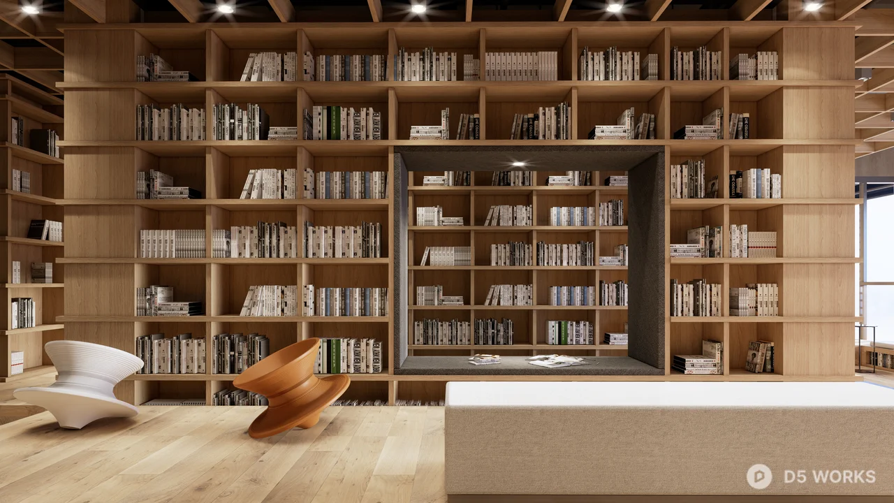 Modern Bookstore Interior with Wooden Shelves 3d model thumbnail 3