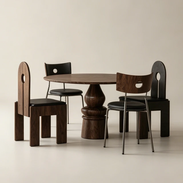 Brutalist Dark Walnut Round Dining Set 3d model