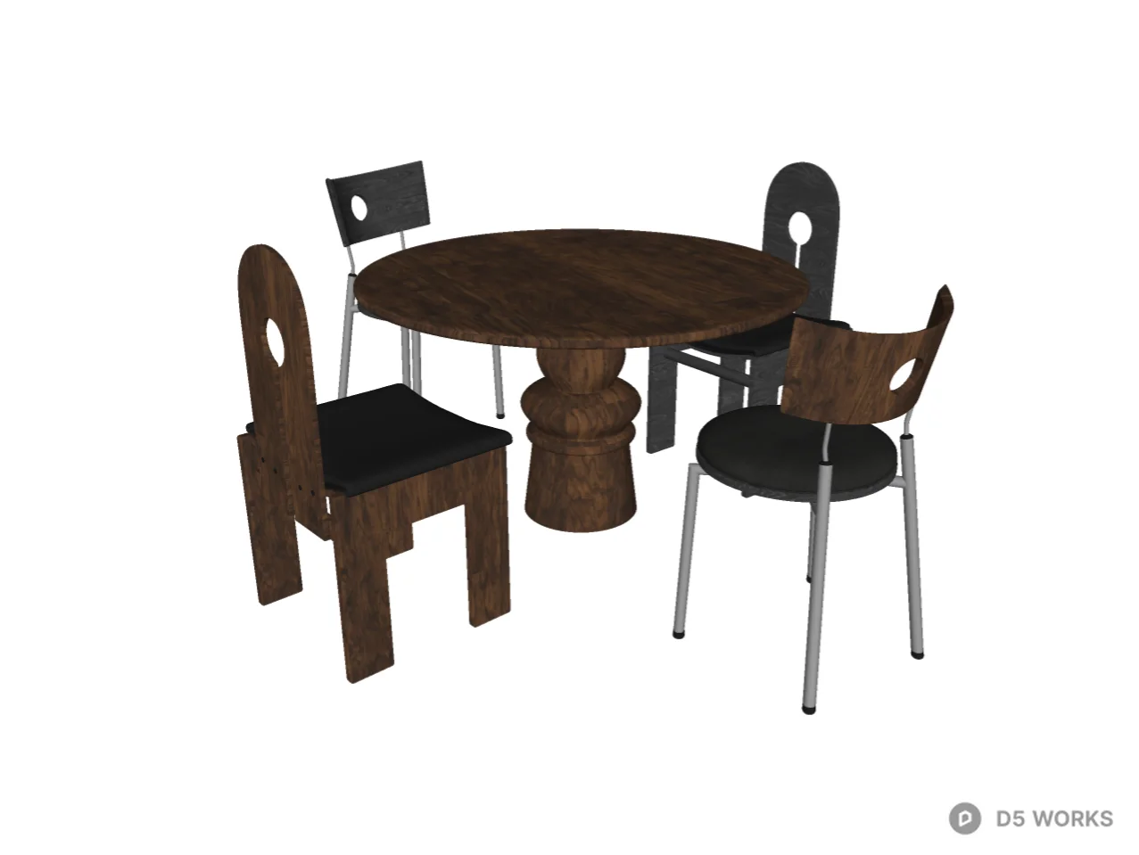 Brutalist Dark Walnut Round Dining Set 3d model thumbnail 2