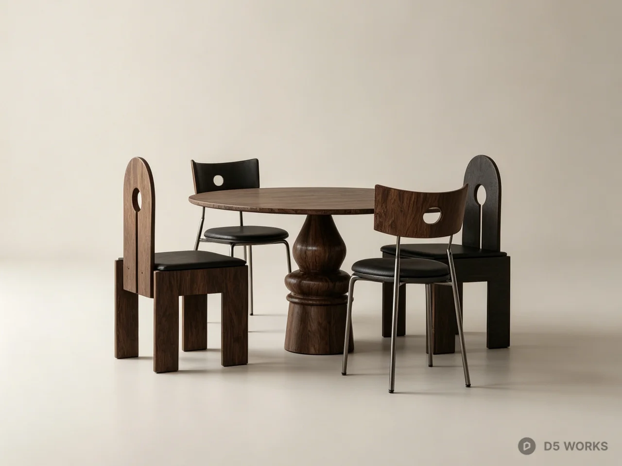 Brutalist Dark Walnut Round Dining Set 3d model - Image 1