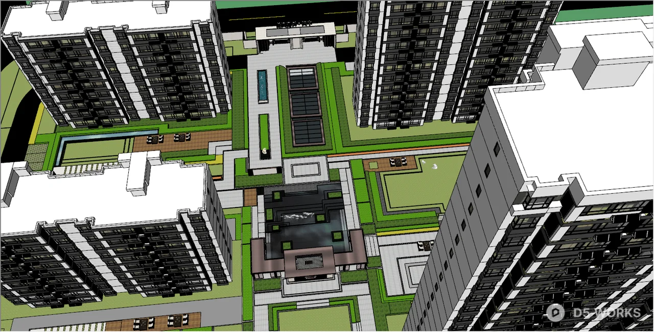Residential Landscape With Green Spaces And Courtyards 3d model thumbnail 3