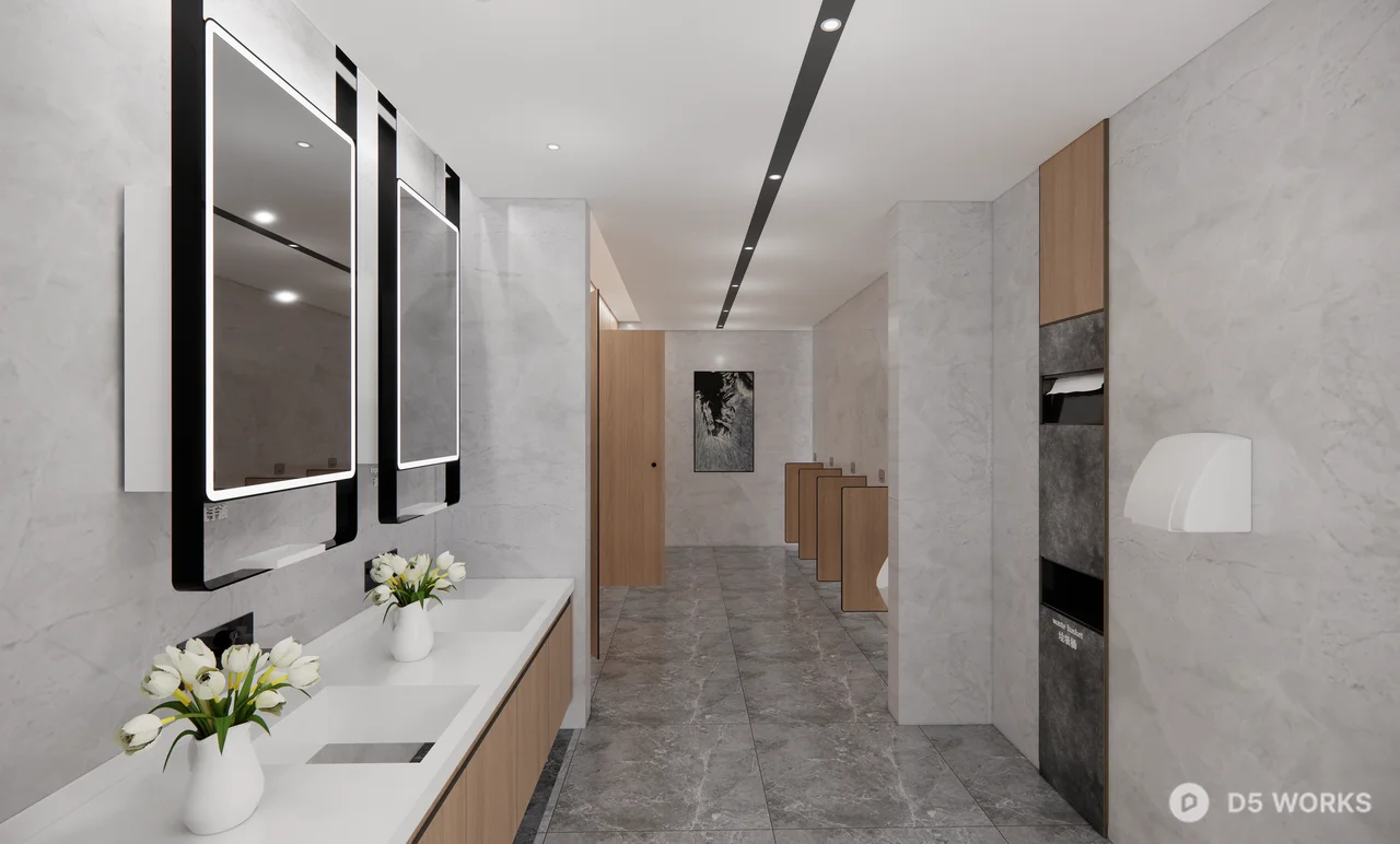 Modern Public Restroom With Wooden Partitions 3d model thumbnail 2
