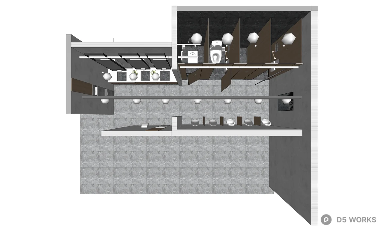 Modern Public Restroom With Wooden Partitions 3d model thumbnail 3