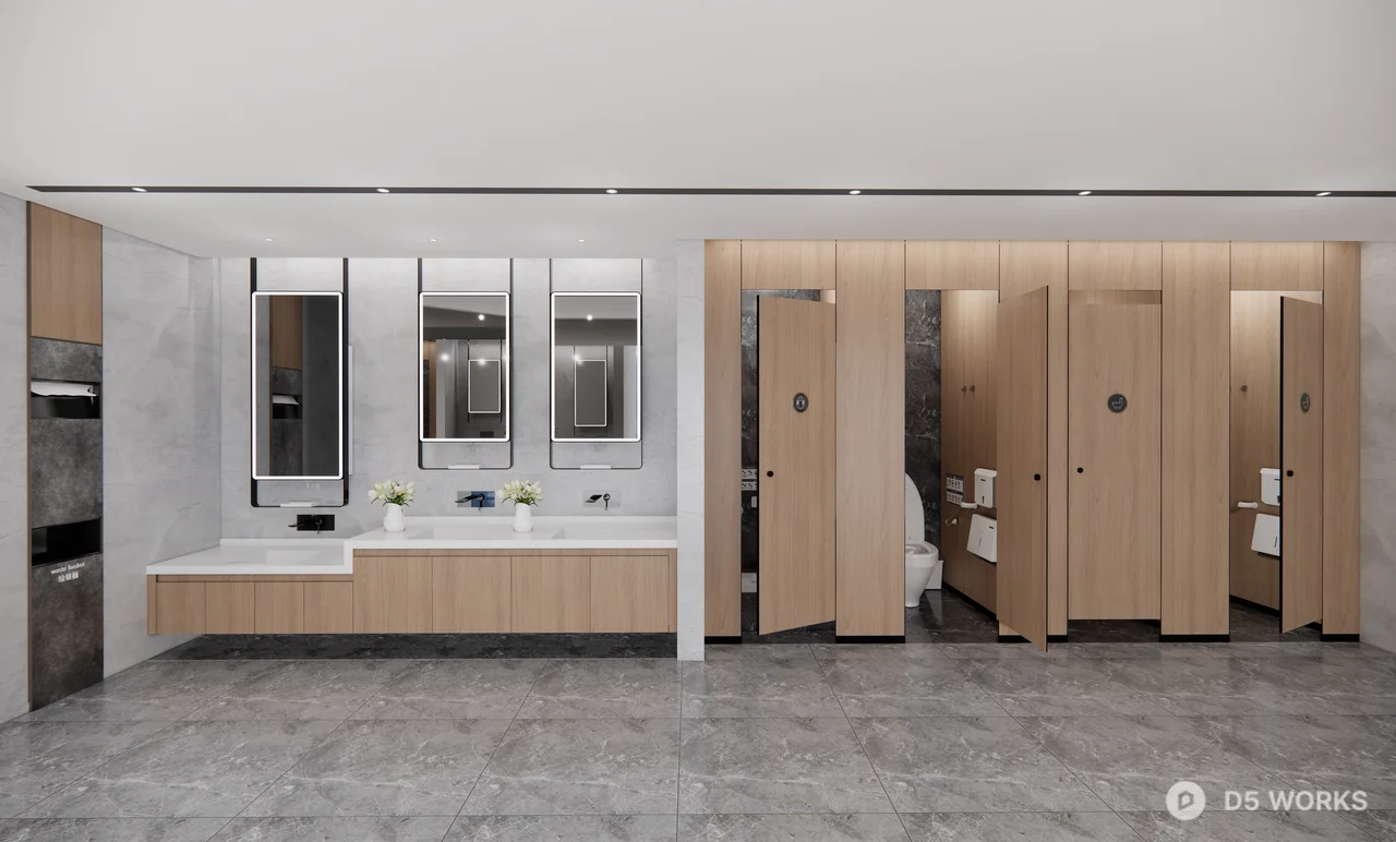 Modern Public Restroom With Wooden Partitions 3d model - Image 1