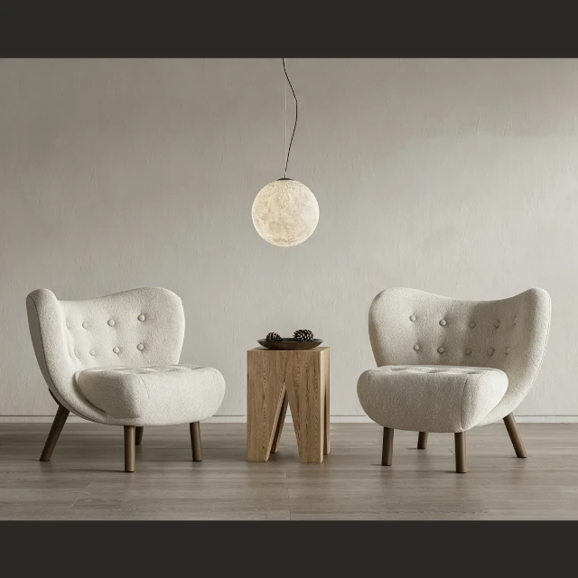 Modern Boucle Wingback Armchair Set with Wooden Side Table 3d model