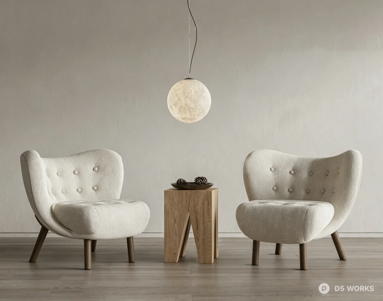 Modern Boucle Wingback Armchair Set with Wooden Side Table 3d model - Image 1
