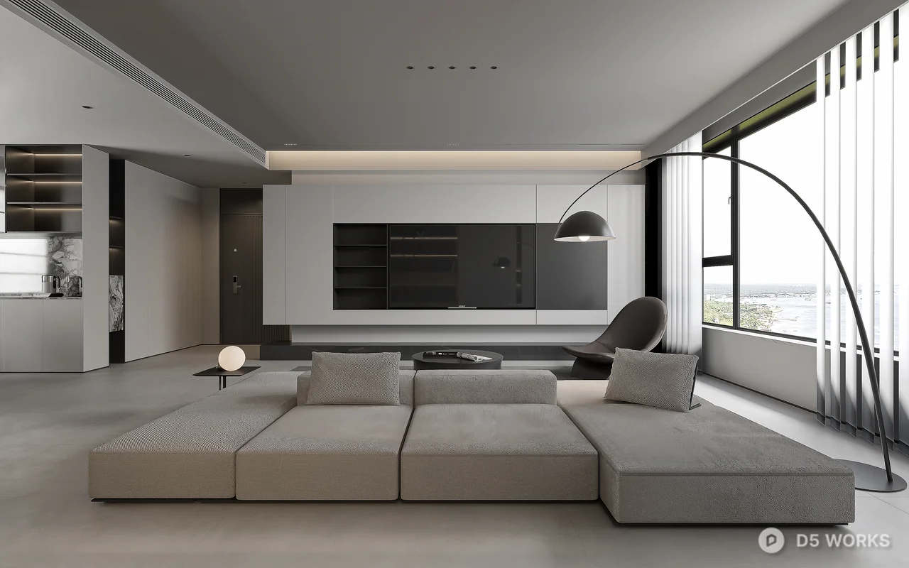 Minimalist Living Room with Integrated Media Wall 3d model thumbnail 3