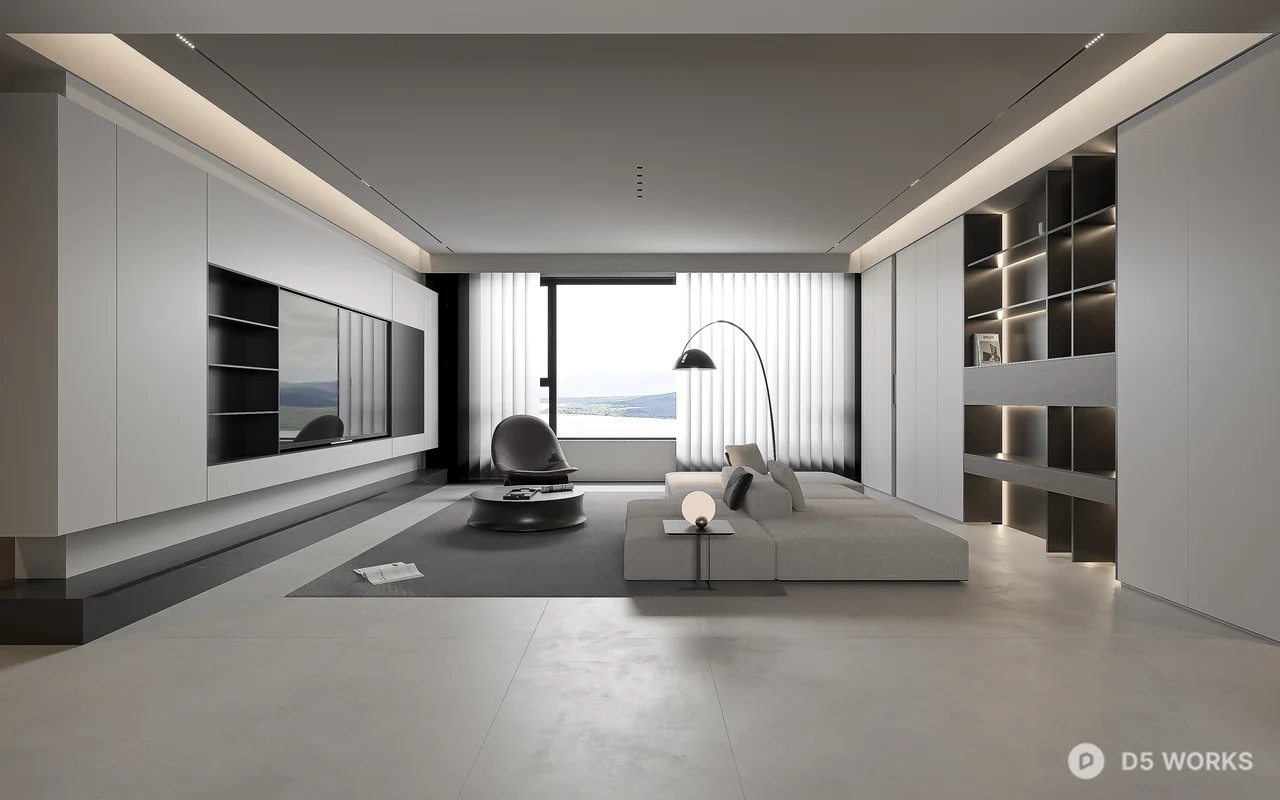 Minimalist Living Room with Integrated Media Wall 3d model thumbnail 4