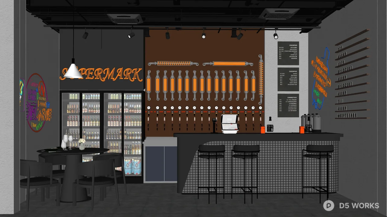 Modern Bar Interior with Industrial Lighting 3d model - Image 1