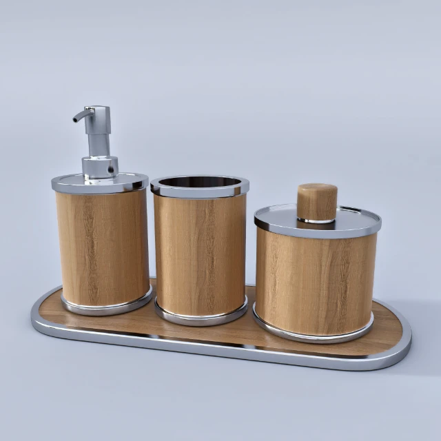 Modern Wood and Chrome Bathroom Accessory Set 3d model