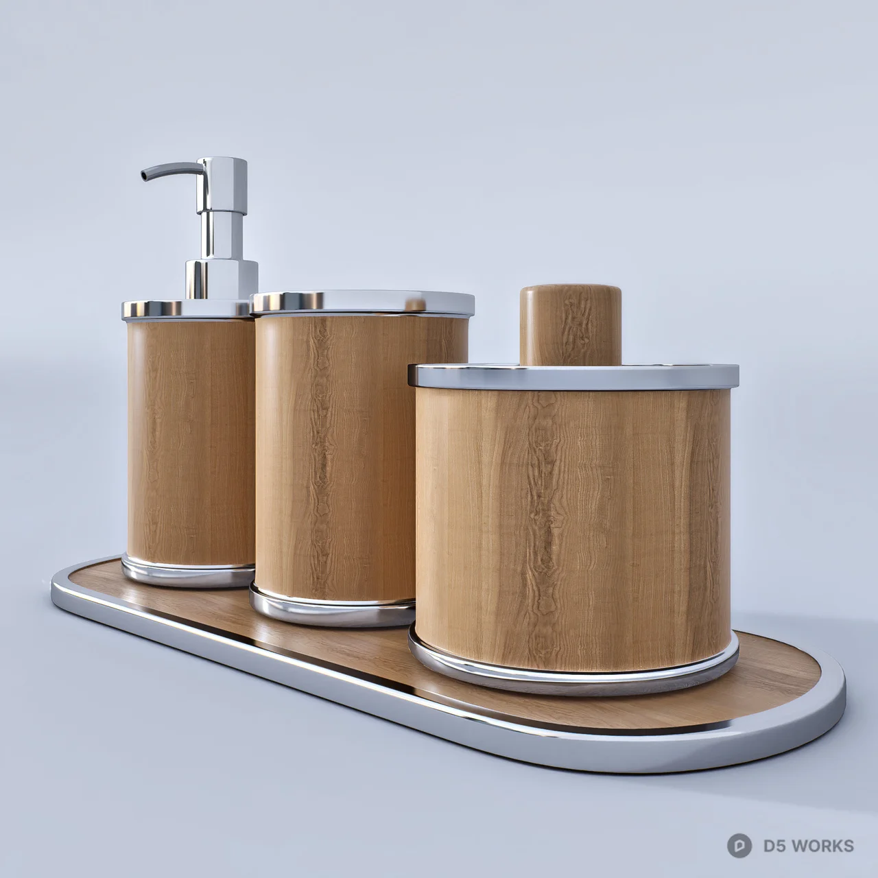 Modern Wood and Chrome Bathroom Accessory Set 3d model thumbnail 2