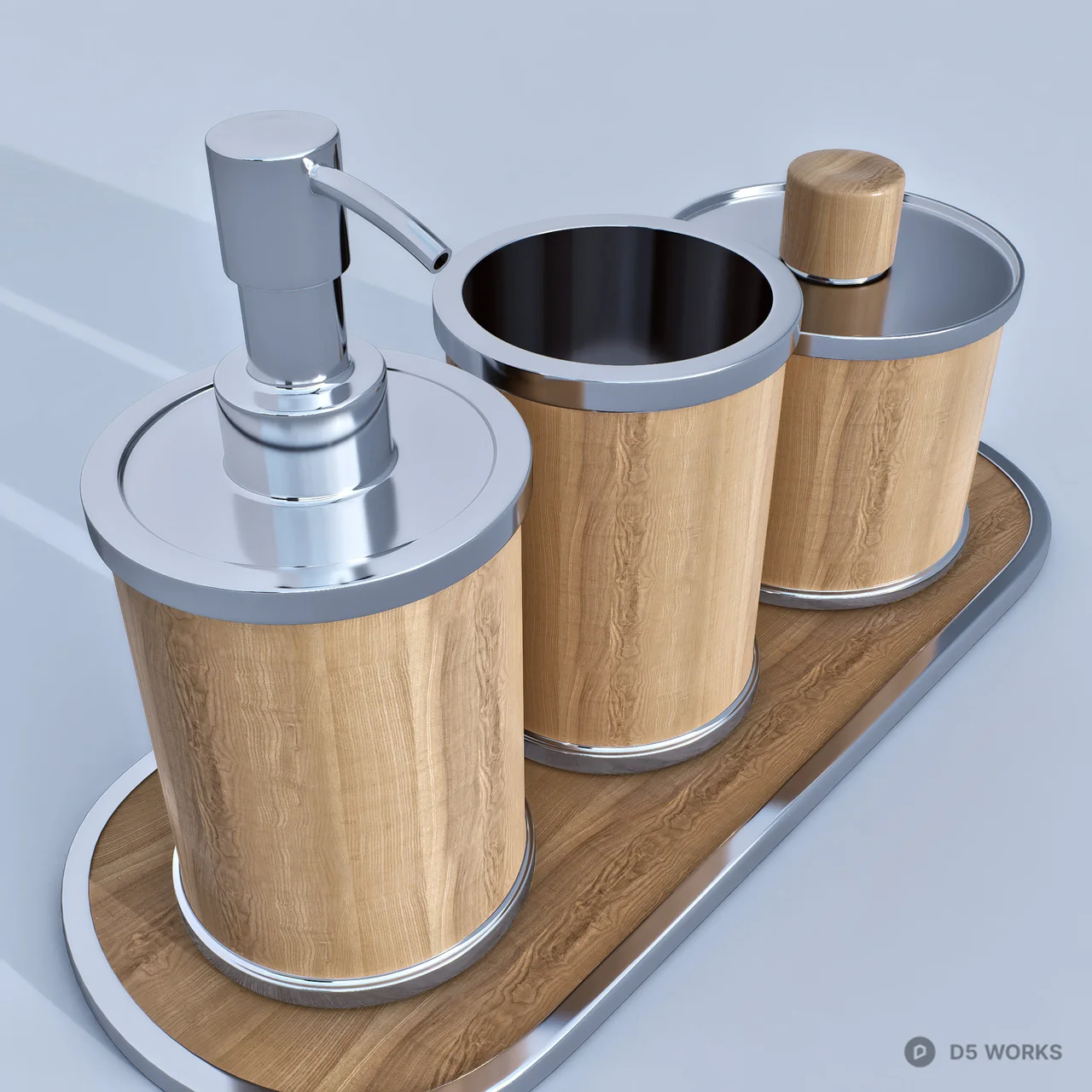 Modern Wood and Chrome Bathroom Accessory Set 3d model thumbnail 3