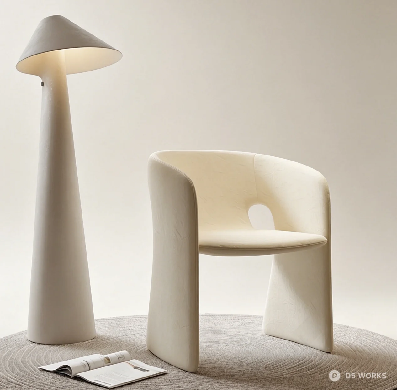 Minimalist Cream Armchair and Mushroom Floor Lamp Set 3d model - Image 1