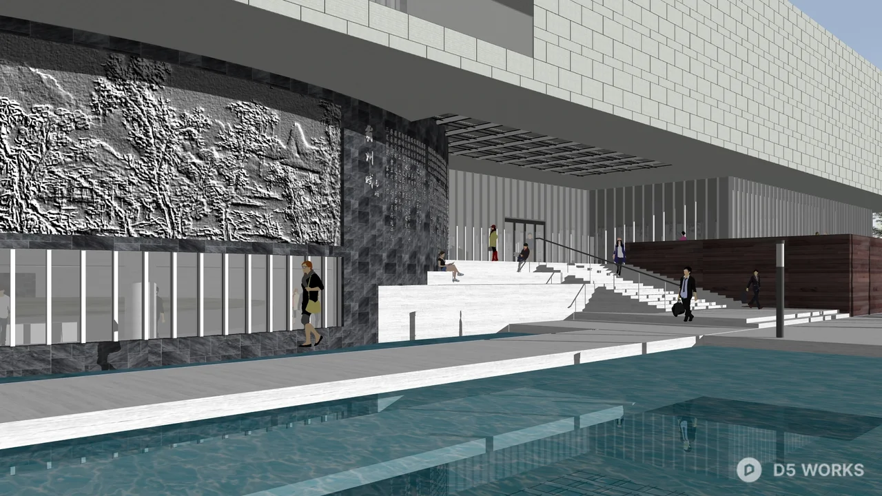 Modern Exhibition Hall With Timber Facade 3d model thumbnail 3