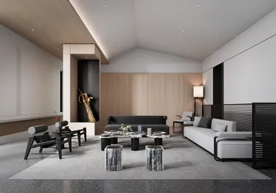 Minimalist Living Room With Wooden Accent Wall 3d model