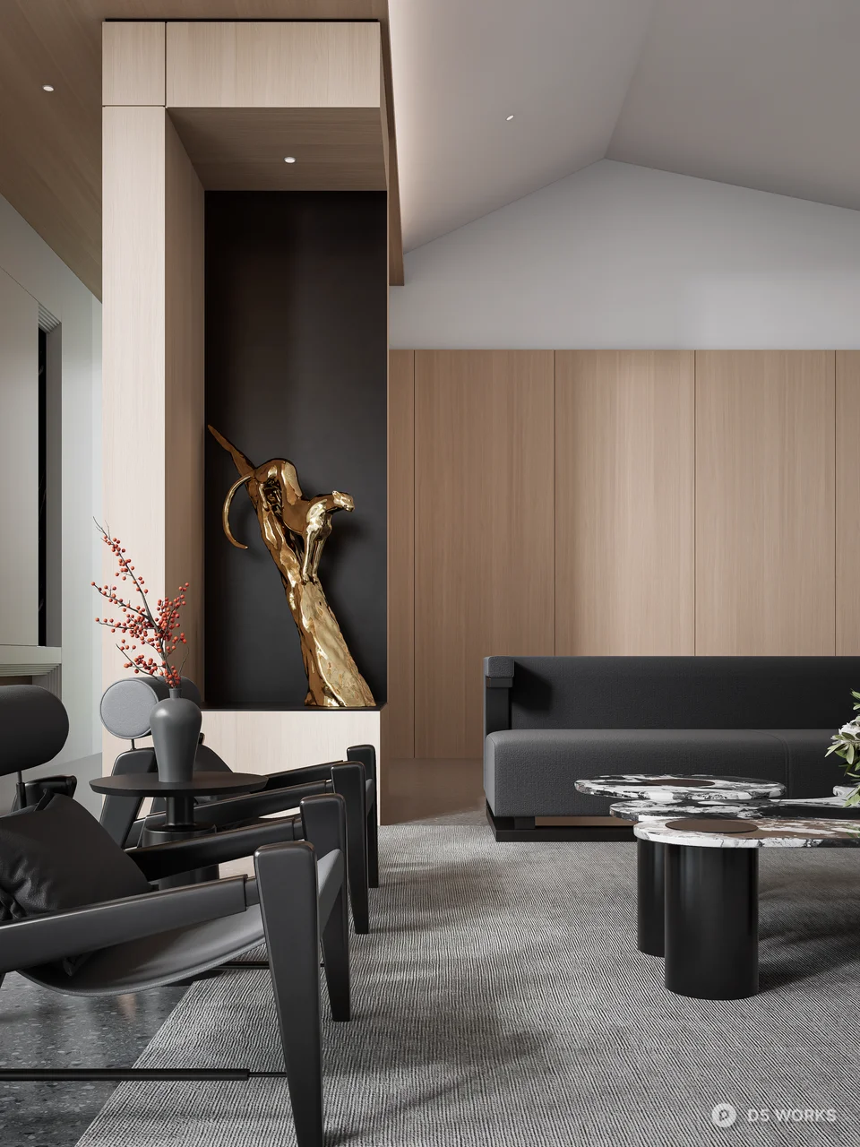 Minimalist Living Room With Wooden Accent Wall 3d model thumbnail 4
