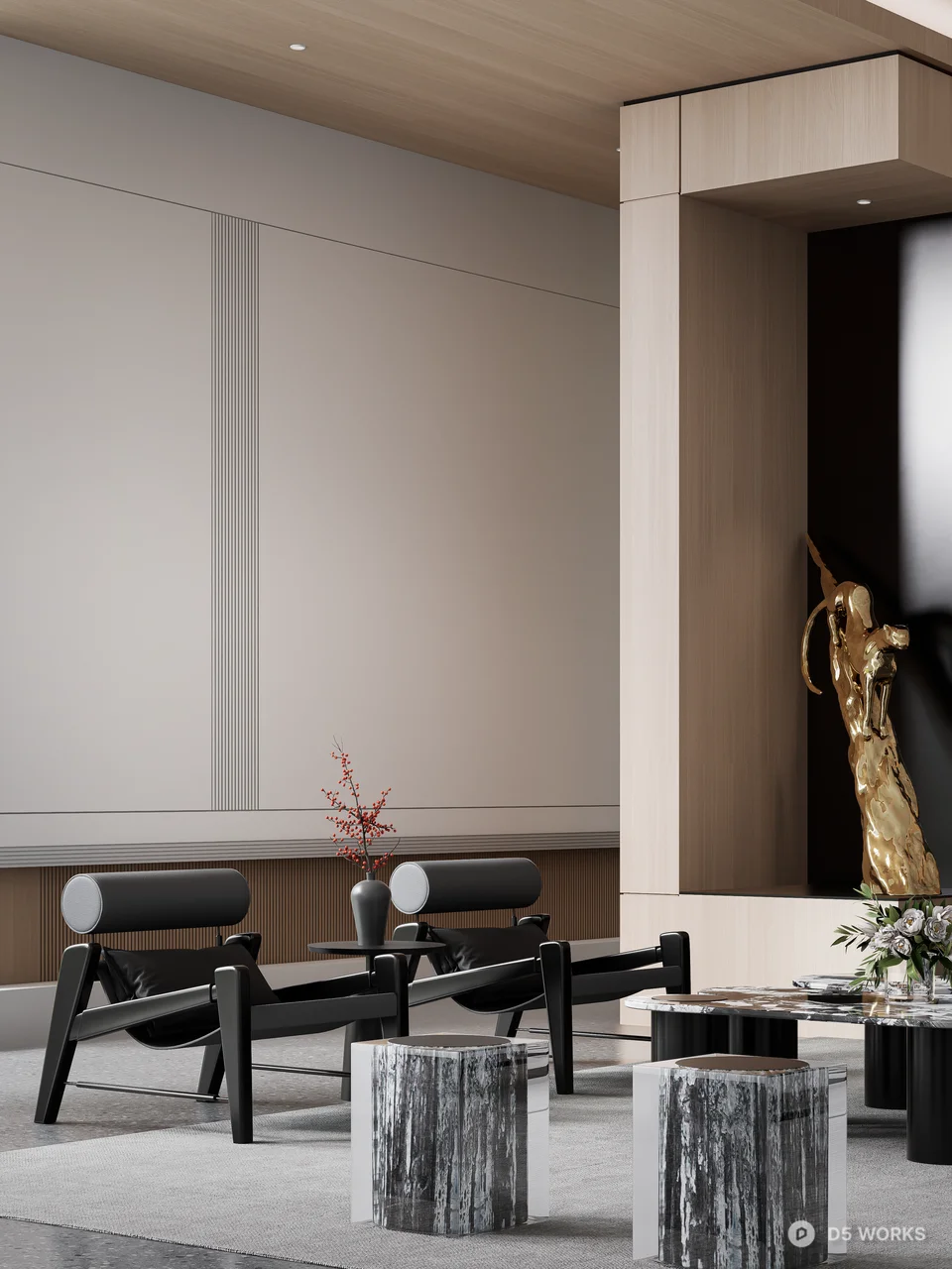 Minimalist Living Room With Wooden Accent Wall 3d model thumbnail 3