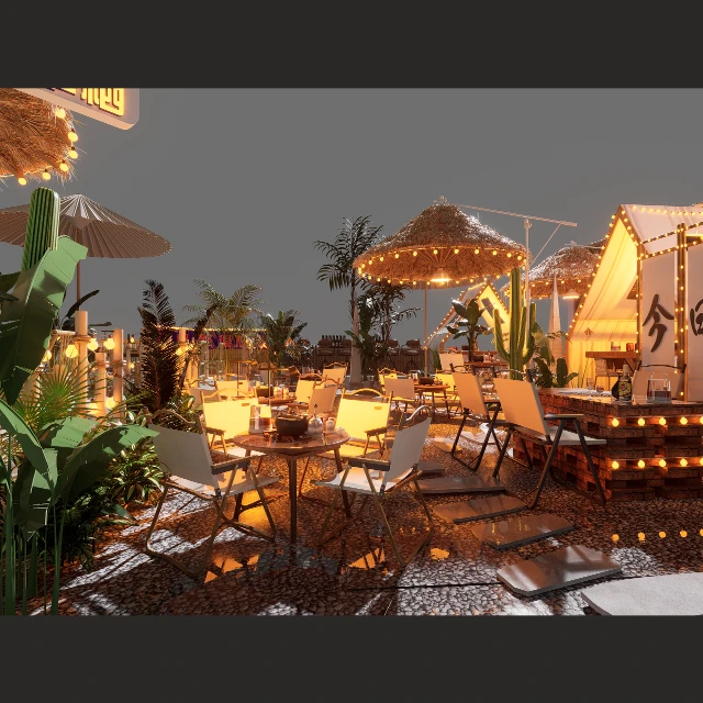 Tropical Outdoor Cafe and Glamping Scene 3d model
