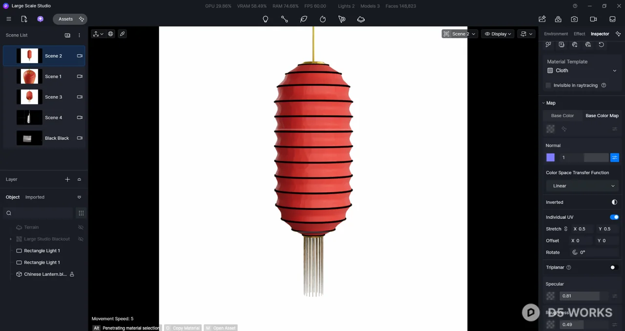 Traditional Red Silk Chinese Lantern with Gold Accents 3d model thumbnail 4