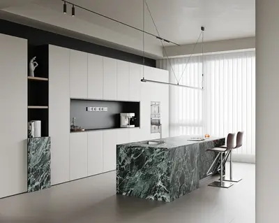 Minimalist Open Kitchen with Marble Island 3d model