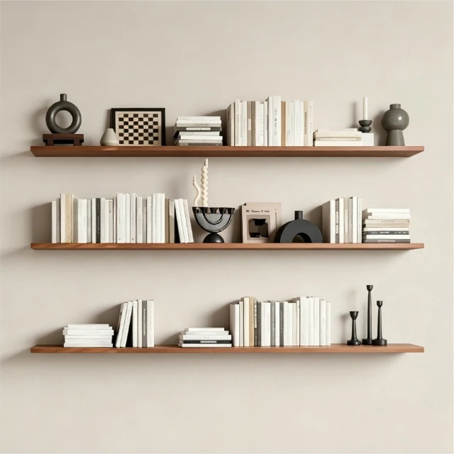 Minimalist Floating Wooden Bookshelf Set with Decor 3d model