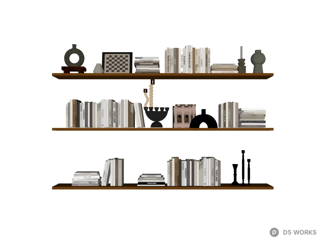 Minimalist Floating Wooden Bookshelf Set with Decor 3d model thumbnail 2