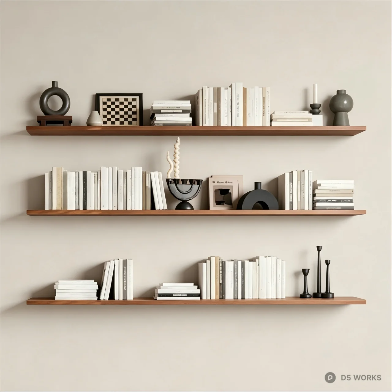 Minimalist Floating Wooden Bookshelf Set with Decor 3d model - Image 1