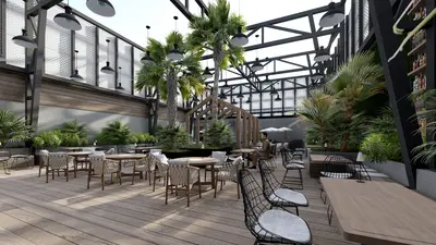 Minimalist Outdoor Coffee Lounge With Palm Trees 3d model
