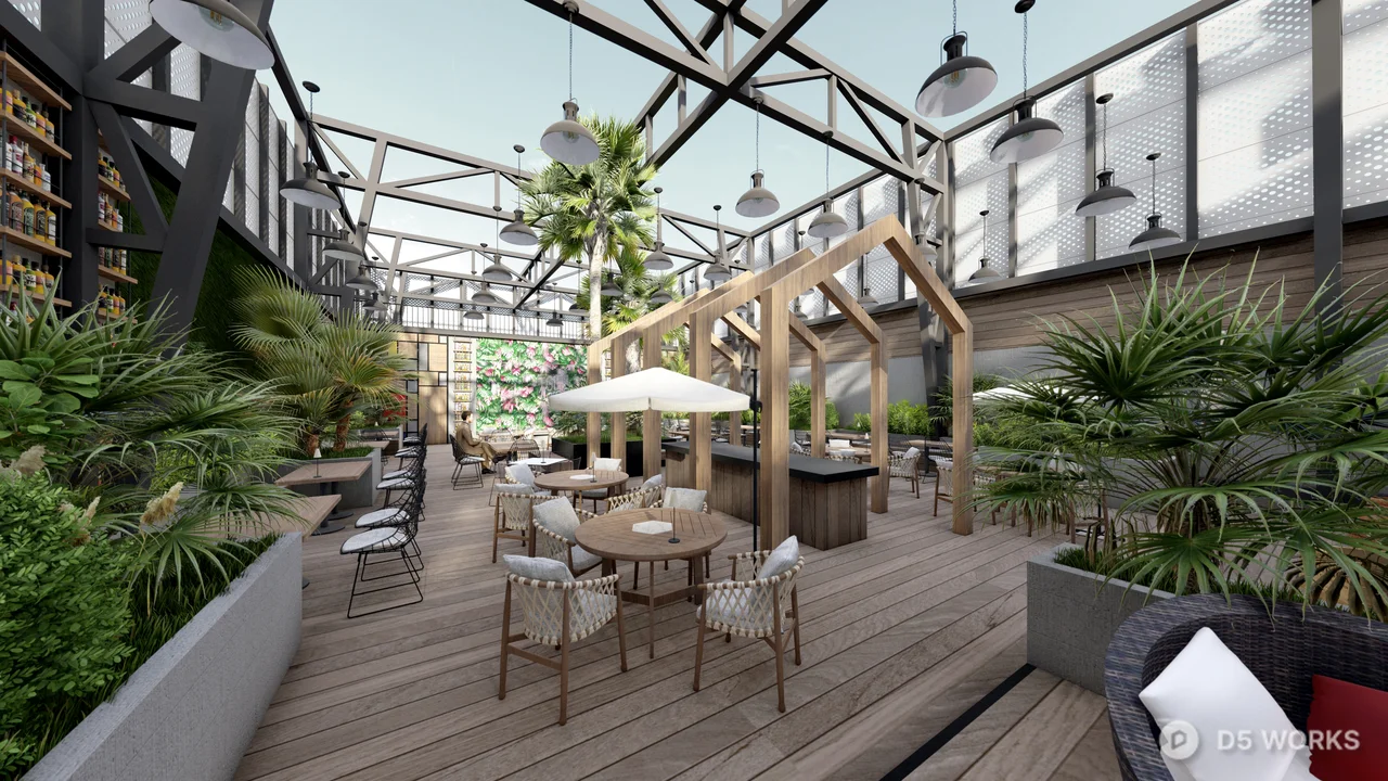 Minimalist Outdoor Coffee Lounge With Palm Trees 3d model thumbnail 3
