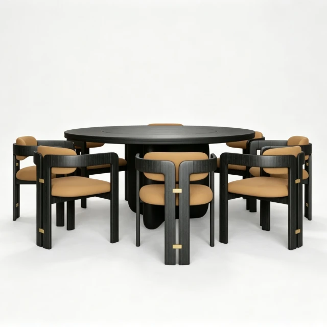 Modern Round Black Oak Dining Set with Tan Upholstery 3d model