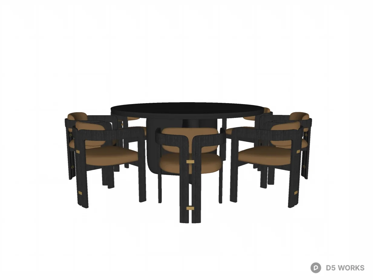 Modern Round Black Oak Dining Set with Tan Upholstery 3d model thumbnail 2
