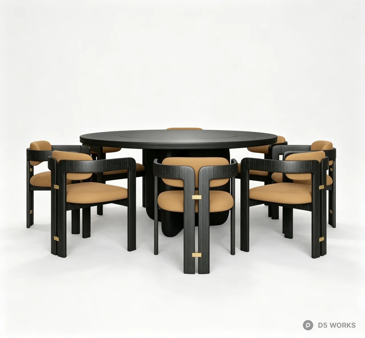 Modern Round Black Oak Dining Set with Tan Upholstery 3d model - Image 1