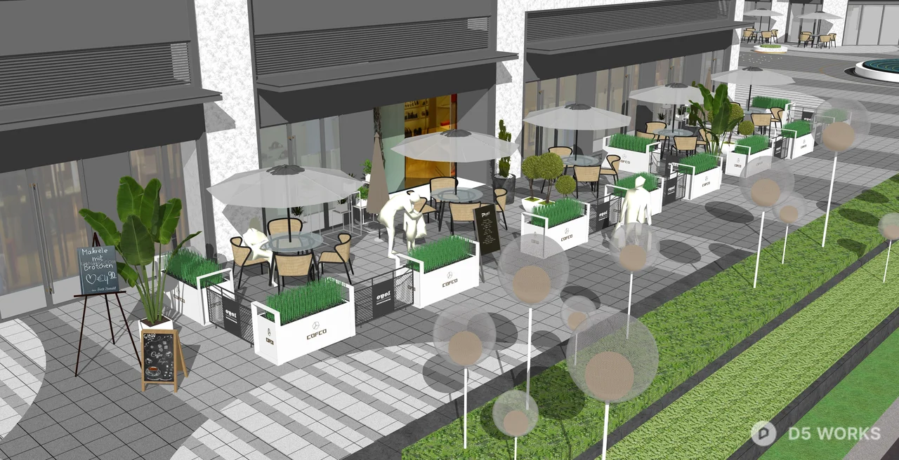 Modern Outdoor Cafe Terrace Set with Planters 3d model thumbnail 2