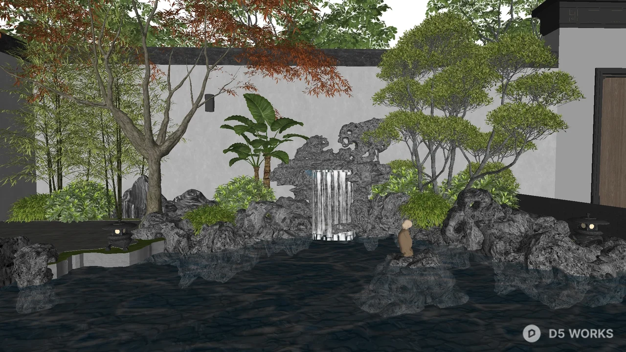 Chinese Style Courtyard With Rockery And Water Feature 3d model - Image 1