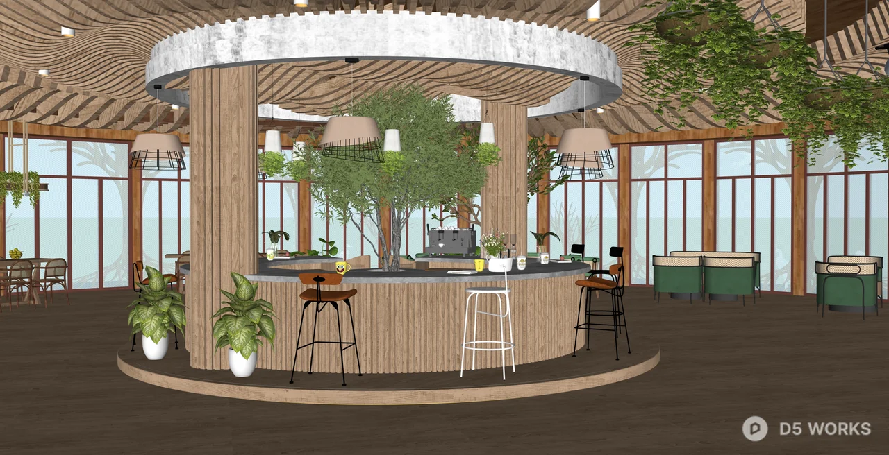 Modern Eco-Friendly Parametric Cafe Interior 3d model thumbnail 2
