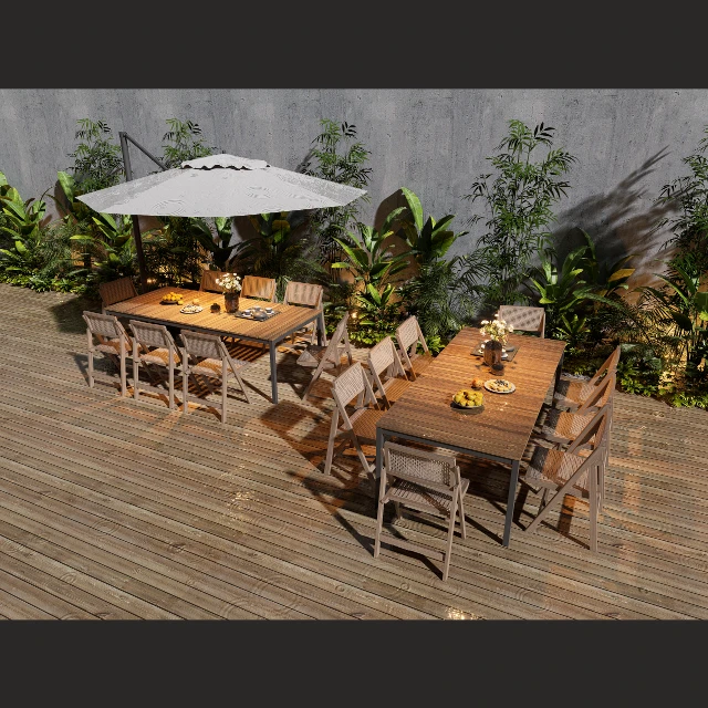 Modern Outdoor Dining Set with Parasol and Greenery 3d model