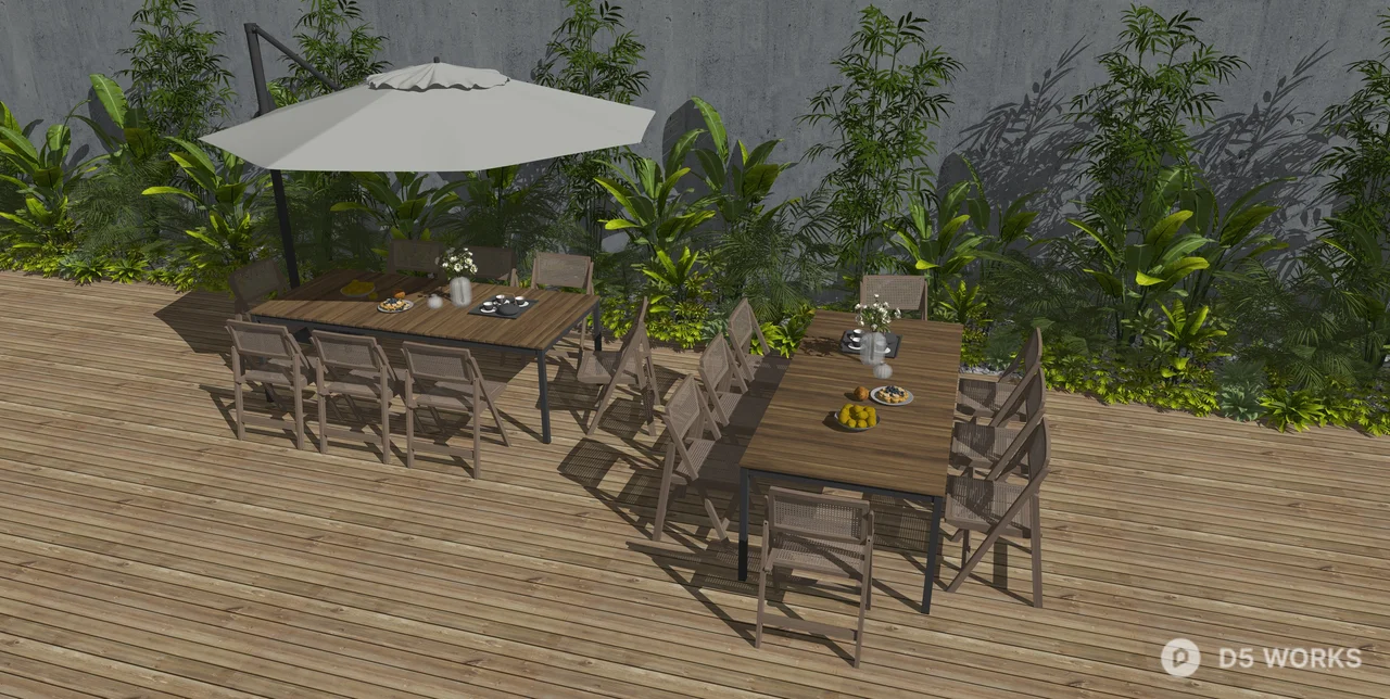 Modern Outdoor Dining Set with Parasol and Greenery 3d model thumbnail 2