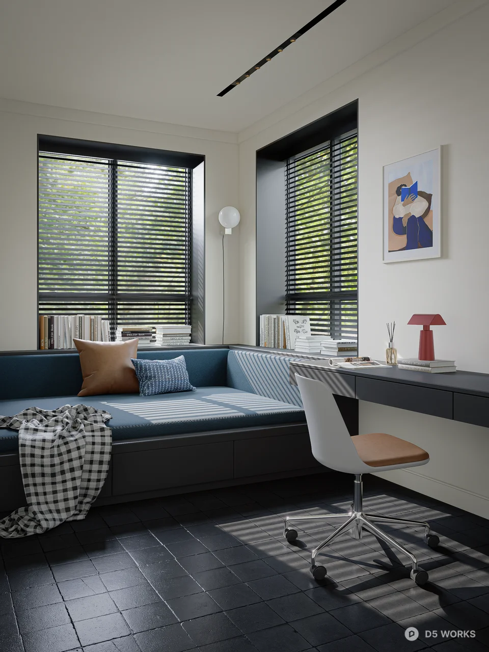 Minimalist Study Room With Built In Seating And Desk 3d model thumbnail 2