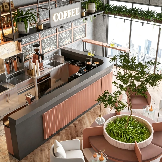 Modern Industrial Biophilic Coffee Shop Interior 3d model