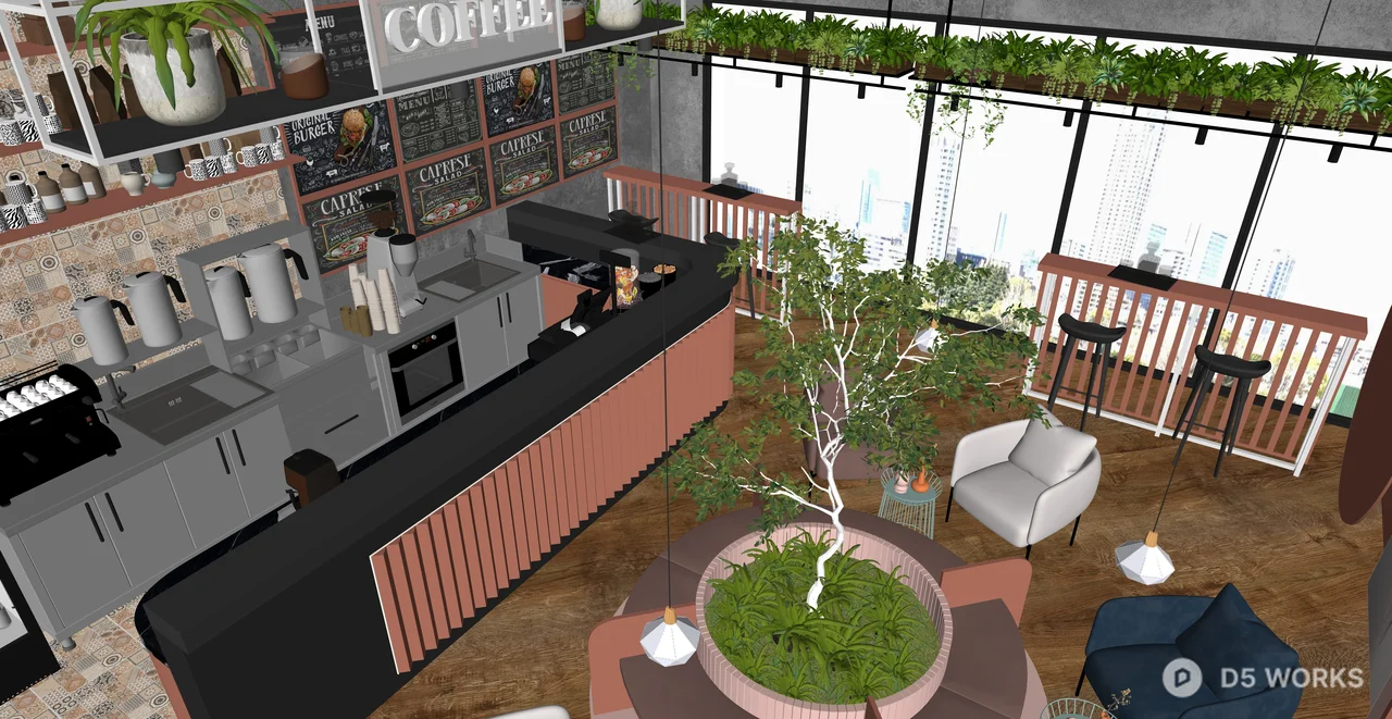Modern Industrial Biophilic Coffee Shop Interior 3d model thumbnail 2