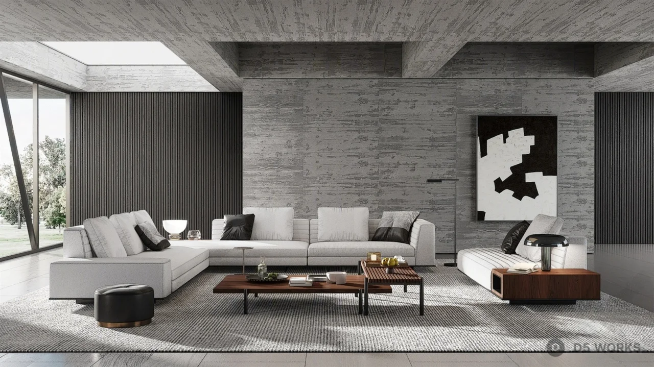Modern Minimalist Concrete Living Room 3d model - Image 1