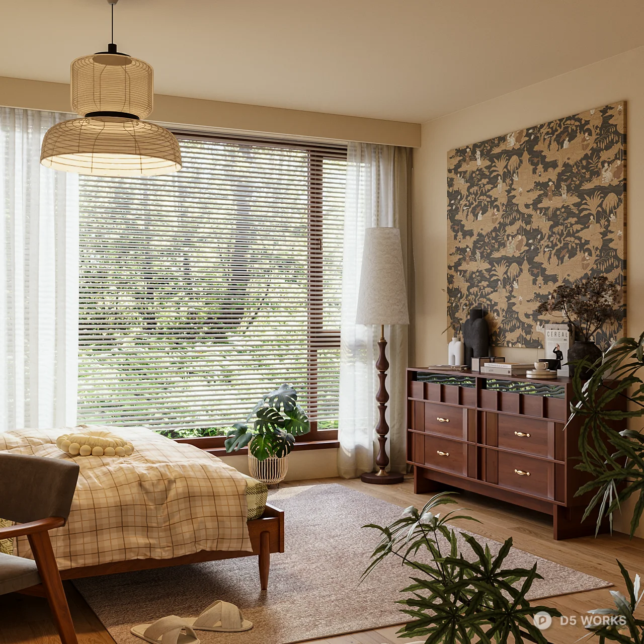 Tropical Style Bedroom with Woven Pendant Light 3d model - Image 1