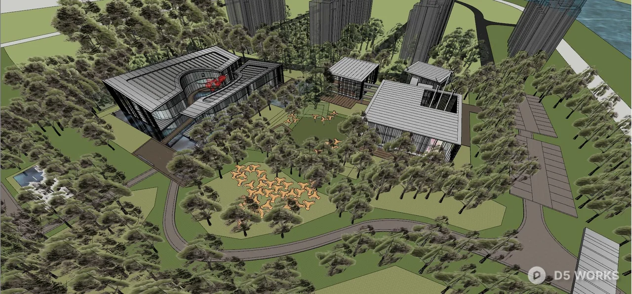 Modern Villa Courtyard With Canopy Structures 3d model thumbnail 2