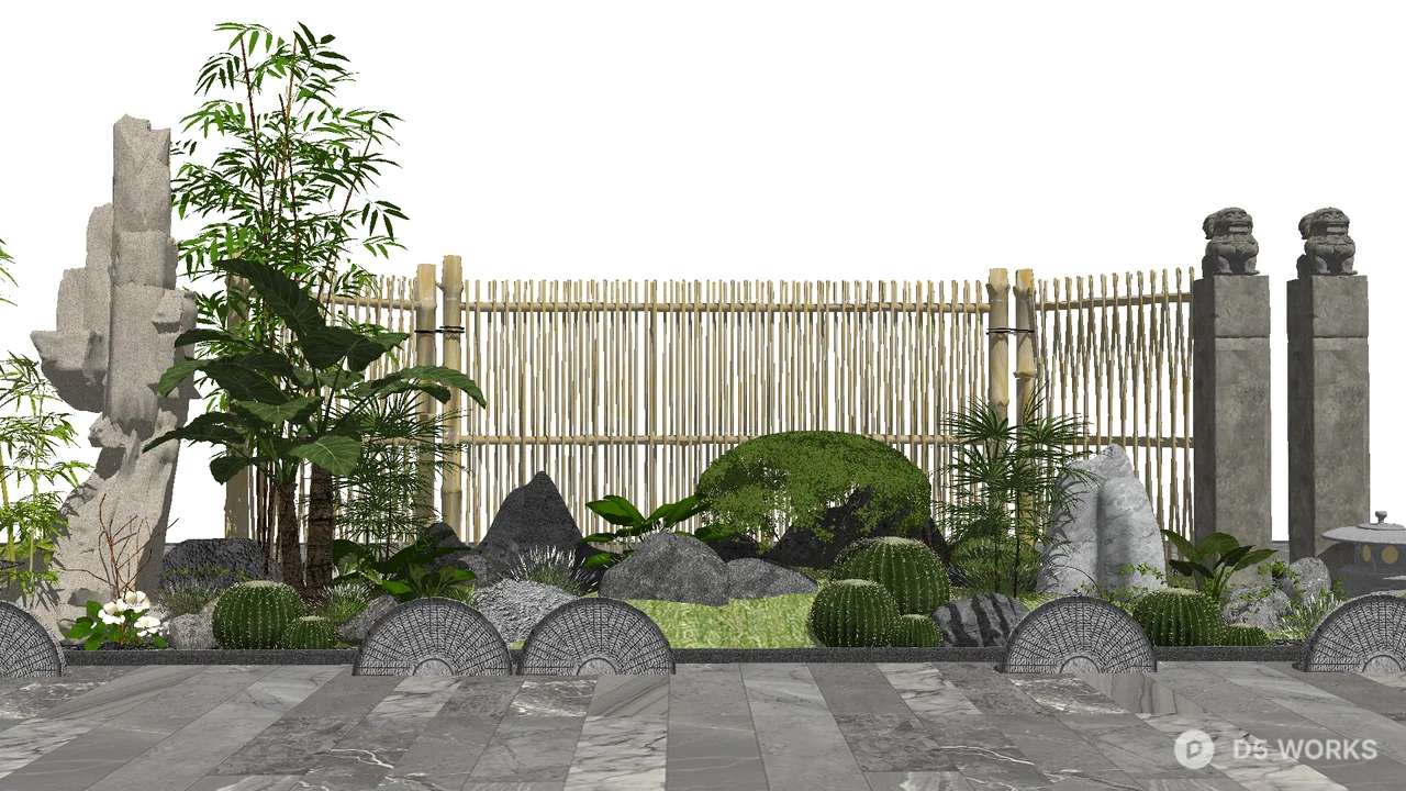 Traditional Courtyard Garden with Stone Lanterns and Bamboo Fence 3d model - Image 1