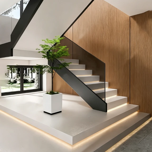Modern Minimalist Interior Staircase with Glass Railing 3d model